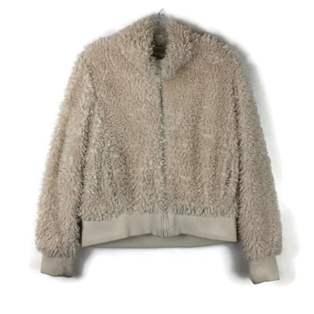 Zara Trf Mock Neck Zip Up Long Sleeve Eyelash Sherpa Jacket in Cream